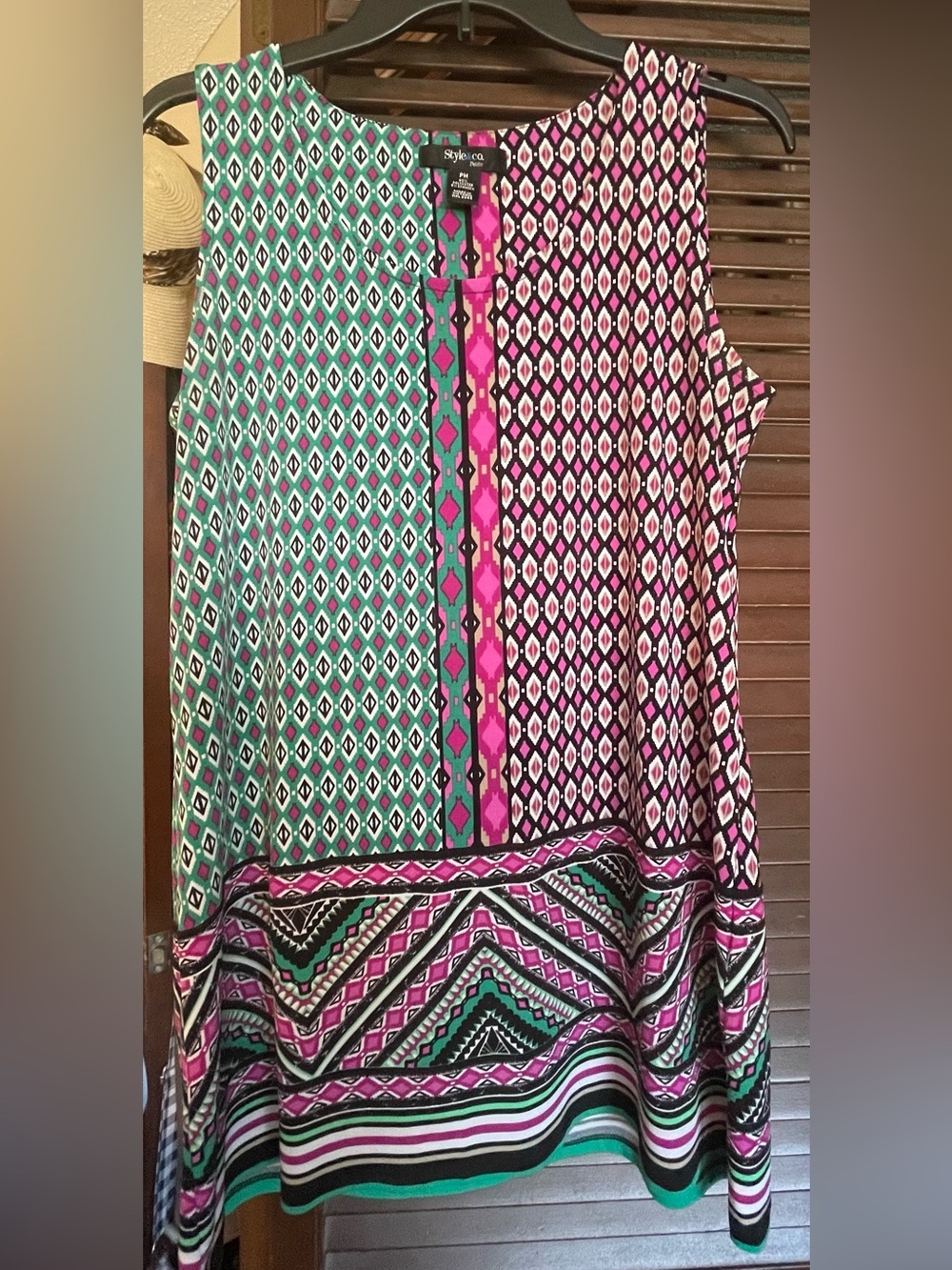 Style & Co. Sleeveless Geo-Print Tunic in Teal & Pink